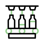 Une animation de l'industrie agroalimentaire. Trois bouteilles de laits qui se remplissent sur un tapis roulant.