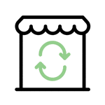 Une animation symbolisant la distribution avec un magasin et une flèche rotative.