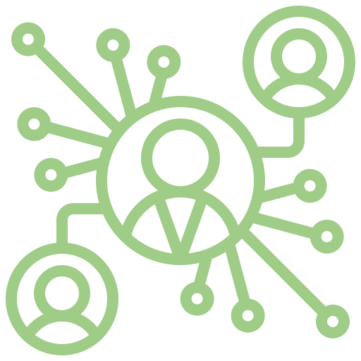 Un pictogramme représentant le réseau. Avec au centre une personne et autour deux autres qui gravitent autour de la première.