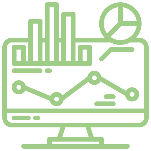 Un pictogramme d'ordinateur avec différents graphiques (histogramme, graphique linéaire et diagramme en secteur).