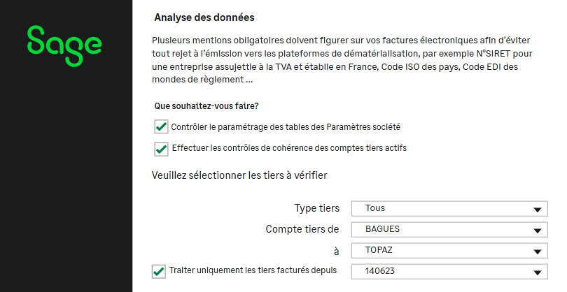 Une capture d'écran de Sage Data Clean & Control. Sur celle-ci nous pouvons voir une analyse de données filtrée.