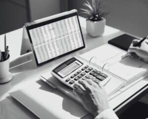 Une photographie prise de dos, où l'on peut voir les bras d'une personne qui travaille sur un bureau. Face à lui se trouve un ordinateur où différents chiffres apparaissent. Il est en train de faire des calculs avec une calculette. Il tient également un stylo dans la main droite. L'image est en noir et blanc.