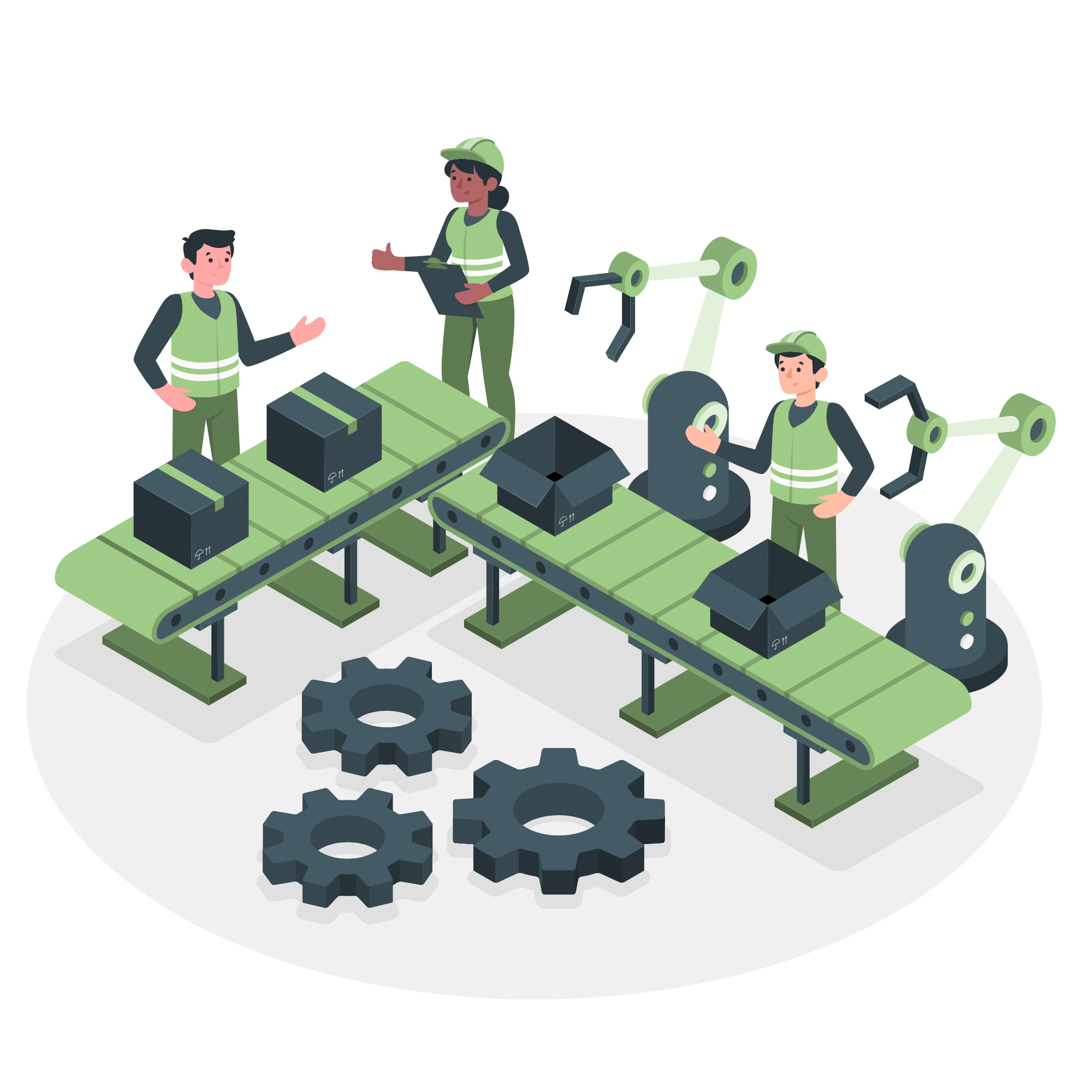 Illustration dans les teintes vertes d'une ligne de production. Plusieurs personnes travaillent autour.