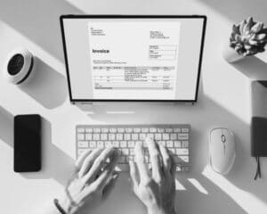 Une personne en contre-plongée qui est en train de saisir une facture digitale.