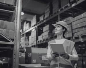 Femme travaillant dans la logistique qui est en train de regarder des racks de rangement. L'image est prise dans un entrepôt.