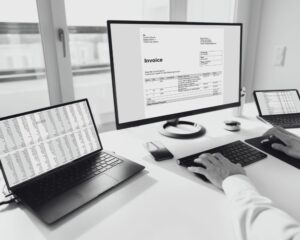Une personne utilisant un ordinateur pour générer des factures électroniques. Sur la photographie nous apercevons ses mains à droite qui utilise un clavier et une souris face à lui. Devant cette personne se trouve un écran d'ordinateur et sur sa gauche un ordinateur portable.