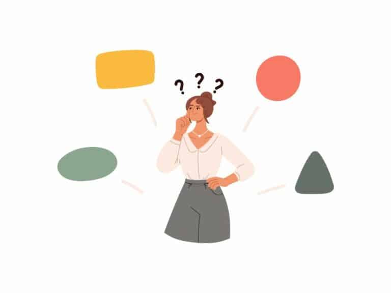 Une femme se questionne sur le choix de sa PDP. Elle a l'air pensive et se questionne face à nous. Autour d'elle gravitent plusieurs éléments graphiques.