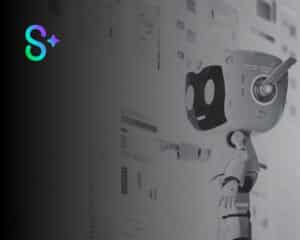 Une illustration d'un robot avec un fond de graphiques et le logo Sage Copilot.