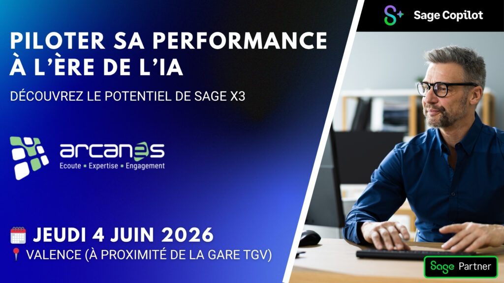 Visuel pour communiquer sur notre événement en collaboration avec Sage sur piloter sa performance à l'ère de l'IA.