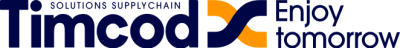 Logo de l'entreprise Timcod, le logo est bleu foncé et orange avec comme tagline "Enjoy Tomorrow"